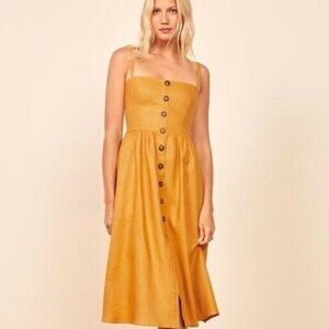 💕REFORMATION💕 Tori 100% Linen Midi Dress ~ Ochre Dark Yellow 0